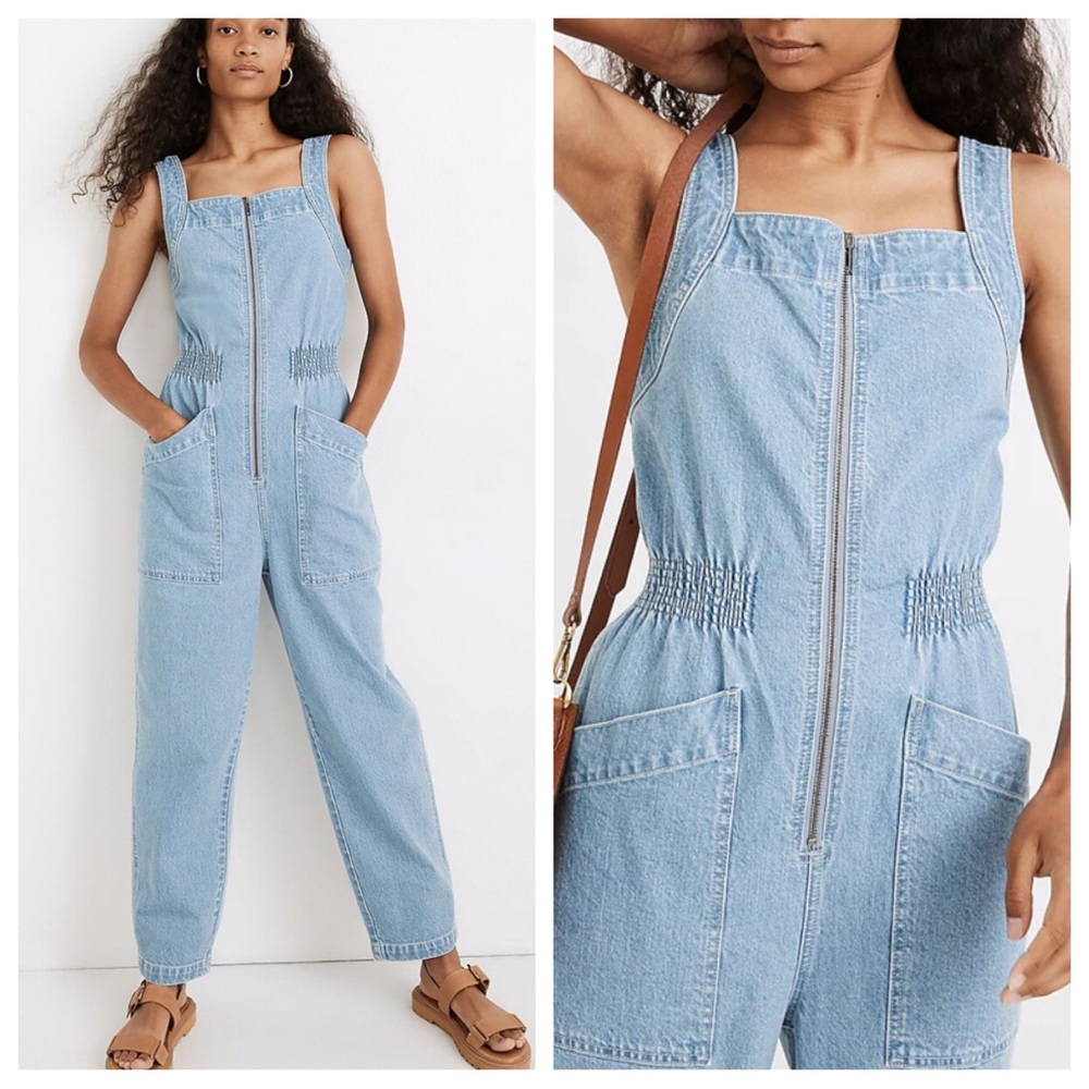 Madewell Denim Zip Smock-Waist Jumpsuit in Baisley Wash